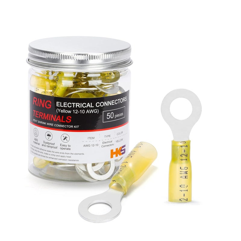 HK-S 50 قطعة من أطراف الحلقات 5/16" صفراء 12-10 AWG - M8 - موصلات كهربائية - مجموعة موصلات أسلاك قابلة للتقلص بالحرارة - نحاس أحمر مطلي - موصلات حلقية بحرية أوتوماتيكية - مقاومة للماء ومعزولة - Image 1